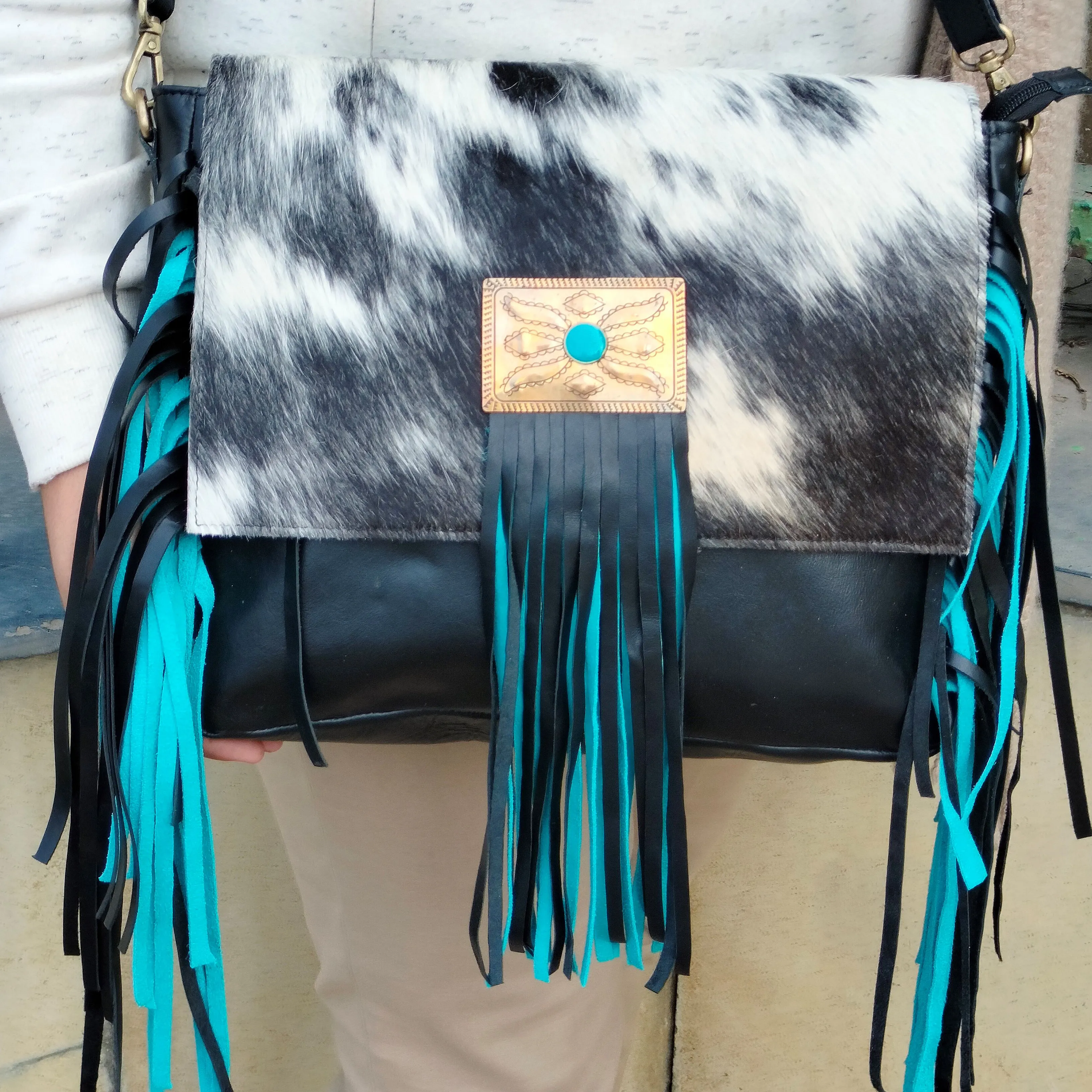 Cowhide Fur Hot Selling Fringe Bag Handbag Purse Stylish White Hair On Leather Real Handmade Bohemian Leather