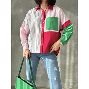 Camisa de Mujer TOPSHOW, Colorida, con Parches a Rayas, de Algodón y Poliéster, para Venta al Por Mayor - Blusa Elegante e Informal - Product Image 4