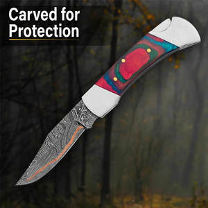 Couteau de poche pliant en acier damas en cuivre fait à la main de haute qualité avec manche en bois pour le camping et les aventures en plein air - Product Image 6