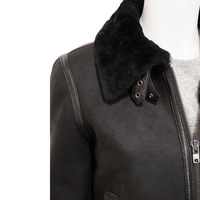 Blouson bombardier en cuir pour femme B-3-noir peau de mouton avec doublure en fausse fourrure noire veste de Moto en peau de mouton