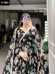 Indian Designer Women Wear Marble Silk Anarkali Gowns with Floral Print With Lace Touch Up Gowns Indian Salwar Kameez <b>Suit</b> - Product Image 3