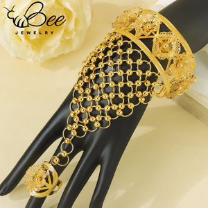 Luxury 24K Gold Hollow Flower Wrists Bracelet <b>Ring</b> <b>Arab</b> Bridal Beaded Big Hand Chain Finger Jewelry Set for Women - Product Image 1
