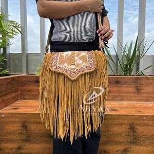 2025 Wholesale New Arrival Hand Tooled Cowhide Leather Women's Crossbody Bag Vintage Shoulder Sling Purse with Tassel Detail - Product Image 1