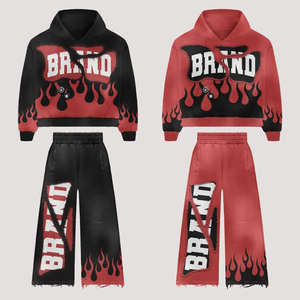 Survêtements surdimensionnés personnalisés avec logo 2025, impression DTG et lavage à l'acide, style haut avec strass, pantalon évasé, survêtement à vendre - Product Image 3