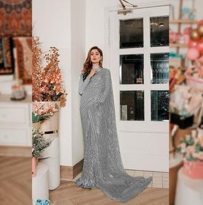 Blusa bordada con Secuencia de Sari de diseñador Georgette gris estilo Bollywood para mujer, ropa de fiesta para Indio pakistaní - Product Image 3