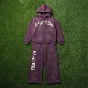 Conjunto de chándal de dos piezas con sudadera con capucha con cremallera y estampado de estrella de diamantes de imitación morados personalizados y pantalones deportivos de pierna ancha - Product Image 5