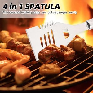 4-teiliges Set aus robustem Edelstahl für Camping und Grillen im Freien, Grillzubehör, Grillbesteck-Set, Spachtel, Gabel, Bürste, Zange - Product Image 3