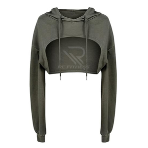 Conjunto de sudadera corta con capucha para mujer OEM, fabricante de sudaderas cortas con capucha y cremallera, sudadera corta con capucha desgastada en blanco, unisex, oversize, con logo personalizado - Product Image 1