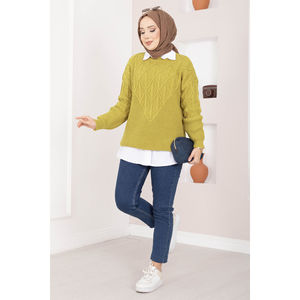 Cardigan en maille torsadée vert olive, décontracté, hiver, fermeture éclair, pull respirant et fin, avec bande logo sur le devant - Product Image 1