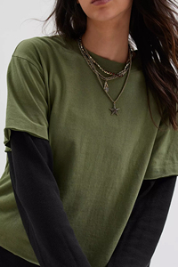 T-shirt pour femme en coton 100% gaufré à manches superposées, col rond, coupe ample, épaules tombantes, streetwear, luxe, doux, uni, respirant - Product Image 2