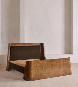 Custom Mid‑Century Modern <b>Platform</b> <b>Bed</b> Curved Burl Wood Veneer <b>Frame</b> Velvet Upholstered Headboard Solid Wood <b>Bed</b> For Bedroom - Product Image 2