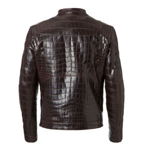 Chaqueta de Cuero de Cocodrilo de Diseño Marrón Oscuro, Cuello Redondo, Puños con Cremallera, Estilo Bomber Unisex, a la Moda, Impermeable - Product Image 4