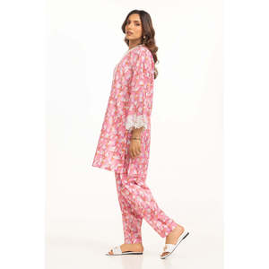Ensemble coordonné décontracté rose imprimé pour femme, taille XXS, manches trois-quarts, longueur genou, printemps/été, en tissu crêpe, deux pièces - Product Image 1