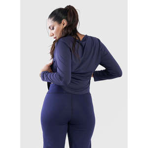 M FITNESS T-shirt à manches longues pour femme, bleu uni, décontracté, avec logo lettre sur le devant, séchage rapide, 95% polyester + 5% élasthanne - Product Image 2