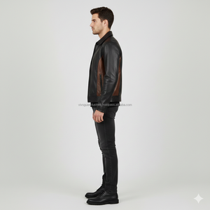 Blouson en cuir véritable et toile marron et noir vintage pour homme, col montant, style motard, décontracté, streetwear, hiver, vente en gros sur mesure - Product Image 5