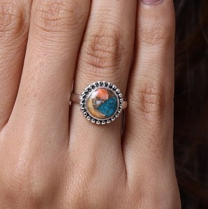 High Quality 10mm Beaded Baho Bezel Setting Solid 925 Sterling Silver <b>Ring</b> with Spiny Oyster Copper <b>Turquoise</b> for Women - Product Image 4
