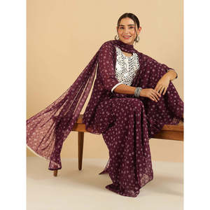 Conjunto de Chiffon para Mujer, Primavera/Verano, Estampado Floral, Top Peplum y Sharara con Dupatta, Elegante y Transpirable - Product Image 1