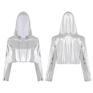 เสื้อกันหนาวกีฬาสำหรับผู้หญิงเสื้อครอปมีฮู้ดเมทัลลิกแขนยาวมีซิปเสื้อครอปแบบลำลอง - Product Image 2
