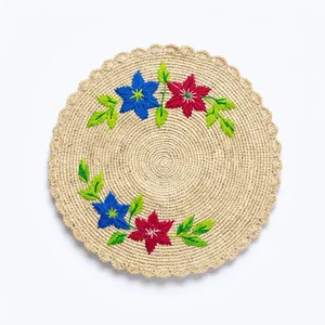 Sets de table ronds en raphia faits à la main avec broderie florale, style bohème, diamètre 260 mm - Product Image 4