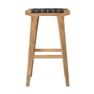 Minimalist Teak Wood Bar <b>Stool</b> With Black Leather Seat Outdoor <b>Garden</b> Furniture Scandinavian Design Durable Solid Wood - Product Image 4