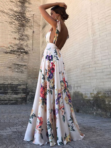 Elegante Vestido Maxi de Gasa con Estampado Floral, Cuello en V, Sin Mangas, Corte en A, Largo hasta el Suelo, Vestido Formal de Noche, Estilo Romántico - Product Image 6