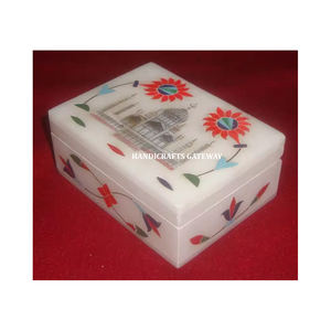 Belles boîtes de rangement de bijoux de conception d'incrustation de Taj Mahal de marbre blanc naturel pour la finition fine polie pour la boîte de décoration à la maison - Product Image 1