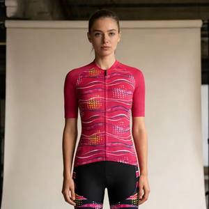 Premium Quick Dry Breathable Magenta Pink Wave Print Padded Cycling Jersey And Bib Shorts Set For Road Mountain Bike Riding - Product Image 3