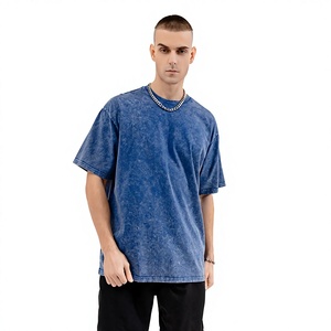 Camiseta de algodón azul vintage de corte oversize para hombre, estilo streetwear retro con hombros caídos, lavado ácido, estilo de moda de EE. UU. y Reino Unido - Product Image 1