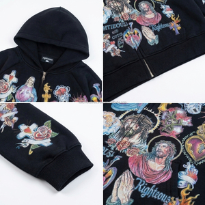 เสื้อฮู้ดซิปผู้ชายผ้าเฟรนช์เทอร์รี่ 500 GSM ผ้าฝ้ายหนาน้ำหนักมาก ทรงโอเวอร์ไซส์ ซิปแบบดิสเทรส พิมพ์ลายดิจิทัลสำหรับฤดูหนาว - Product Image 4