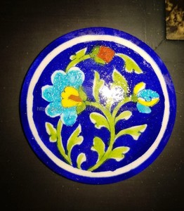 Yellow and <b>Blue</b> Hand-Painted <b>Blue</b> Pottery <b>Coasters</b> Handmade <b>Blue</b> & Yellow Ceramic Round Floral <b>Coaster</b> Set - Product Image 4