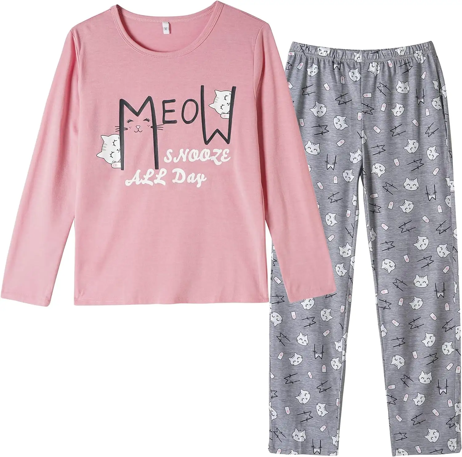 Hübsches Mädchen Miaw-druck-Pjama-Set Großhandel benutzerdefinierte Pyjamas mit Seitentaschen langärmeliges Hemd meistverkauftes Damen-Nachttisch