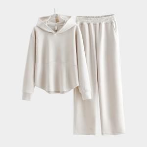 Ensemble 2 pièces surdimensionné à épaules tombantes Sweat à capuche décontracté de couleur unie avec pantalon de survêtement Sweat-shirt d'hiver Joggers avec techniques lavées - Product Image 3