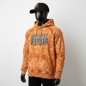 Premium Acid Wash <b>Hoodie</b> Soft Cotton Blend <b>Orange</b> Raglan Sleeve Distressed Details Custom Chenille Patch Logo basics <b>Hoodie</b> - Product Image 2