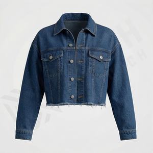 Veste en jean courte délavée pour femmes, coupe ajustée, veste en jean surdimensionnée, manches longues, style vintage, tendance, couleur personnalisée - Product Image 1