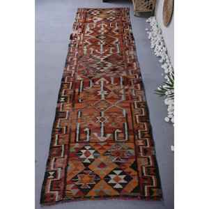 Tapis Kilim Vintage Marron Orange 2.8 X 9.2ft Classique Rectangle Motif Abstrait Laine Matériel Latex Support pour Salon Couloir - Product Image 1
