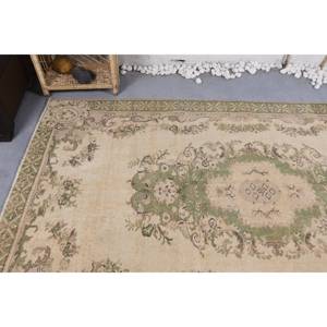 Tapis turc vintage, grande surface, 5,2 x 8,7 pieds, beige vert, laine, support en latex, motif patchwork, style Tabriz, salle à manger, écologique - Product Image 5