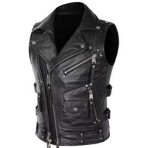 Profesión Vintage Heavy Real Leather Motorcycle Biker Chaleco Solapa Cremallera Chaqueta sin mangas Chalecos de cuero de vaca genuino. - Product Image 6