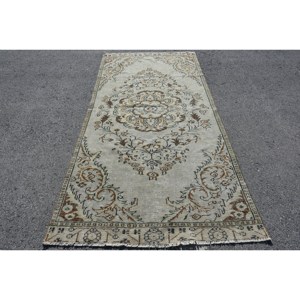 Classic Beige <b>Brown</b> <b>Wool</b> Rug 4.2 X 9 ft Handmade Turkish Rectangle Patchwork Latex Backing for Living Room or Teen's Bedroom - Product Image 1