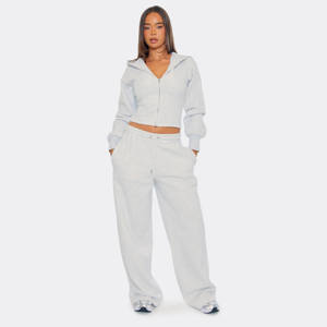 100% coton gris chiné femmes cordon taille 2 pièces survêtement ensemble sweat à capuche et pantalons de survêtement pleine longueur 2 pièces femmes survêtement ensemble - Product Image 5