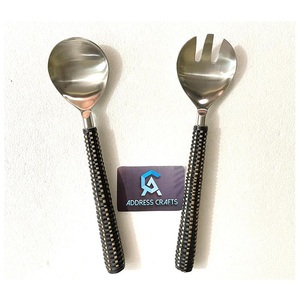 Stainless Steel Salad <b>Server</b> Set of 2 With Wicker Handle for Home Hotel Restaurant Wedding Event Dinnerware Kitchenware Utensils - Product Image 1