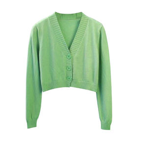New Women's Korean Style <b>Short</b> <b>Sleeve</b> V Neck Sweater Green Blue Casual Knitted <b>Crop</b> <b>Cardigan</b> Top Button Thin Front - Product Image 1