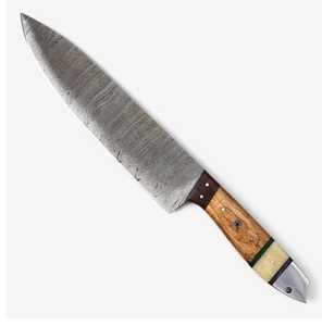 Juego de cocina de cuchillo de Chef de 3 piezas de acero de Damasco forjado a mano personalizado con mango de madera y hueso de camello y bolsa de cuero - Product Image 2