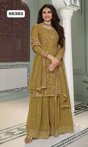 Heavy Chinon y bordado Multi Work Salwar Kameez Palazzo Suit para ocasiones especiales de India Export - Product Image 2