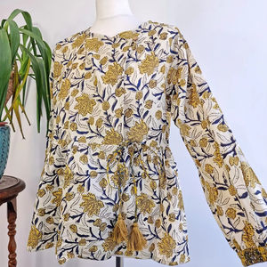 Chemise bohème florale en pur coton, imprimé indien Bagru, confortable pour tous les jours, pour femmes - Product Image 1