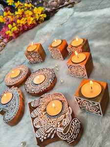Ensemble de bougeoirs en bois naturel, motifs floraux en bois de mandarine, mandala imprimé en bloc, éléphant, pour mariage, Diwali, cadeau pour la maison - Product Image 4
