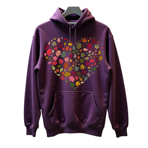 Sudadera con Capucha Morada Unisex con Estampado de Hojas y Corazones, Corte Regular, Informal, para Otoño, Material de Felpa, Diseño con Bolsillos - Product Image 1