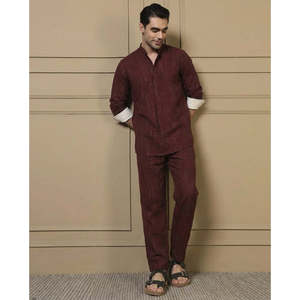 Amanush <b>Men's</b> Maroon Cotton Textured Woven Co-Ord Set Mandarin Collar Full Sleeve Kurta Pant Casual Summer Daily Wear 2 Piece - Product Image 6