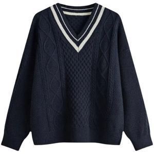 Nouveau pull d'hiver pour femme sur mesure à col en V avec broderie 3D sur le devant, style vintage universitaire - Product Image 2