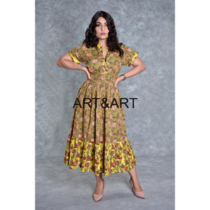 Robe mi-longue décontractée pour femmes, printemps-été 2024, imprimé ethnique, patchwork, longue décoration boutonnée, taille naturelle, 100% coton, tailles 6XL - Product Image 6