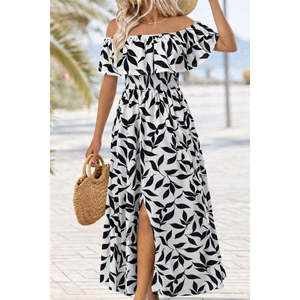 Women's Madonna Neckline, <b>Elasticated</b> Bust, Slit, Long Patterned Supreme <b>Dress</b>, 36141 - Black - Product Image 2